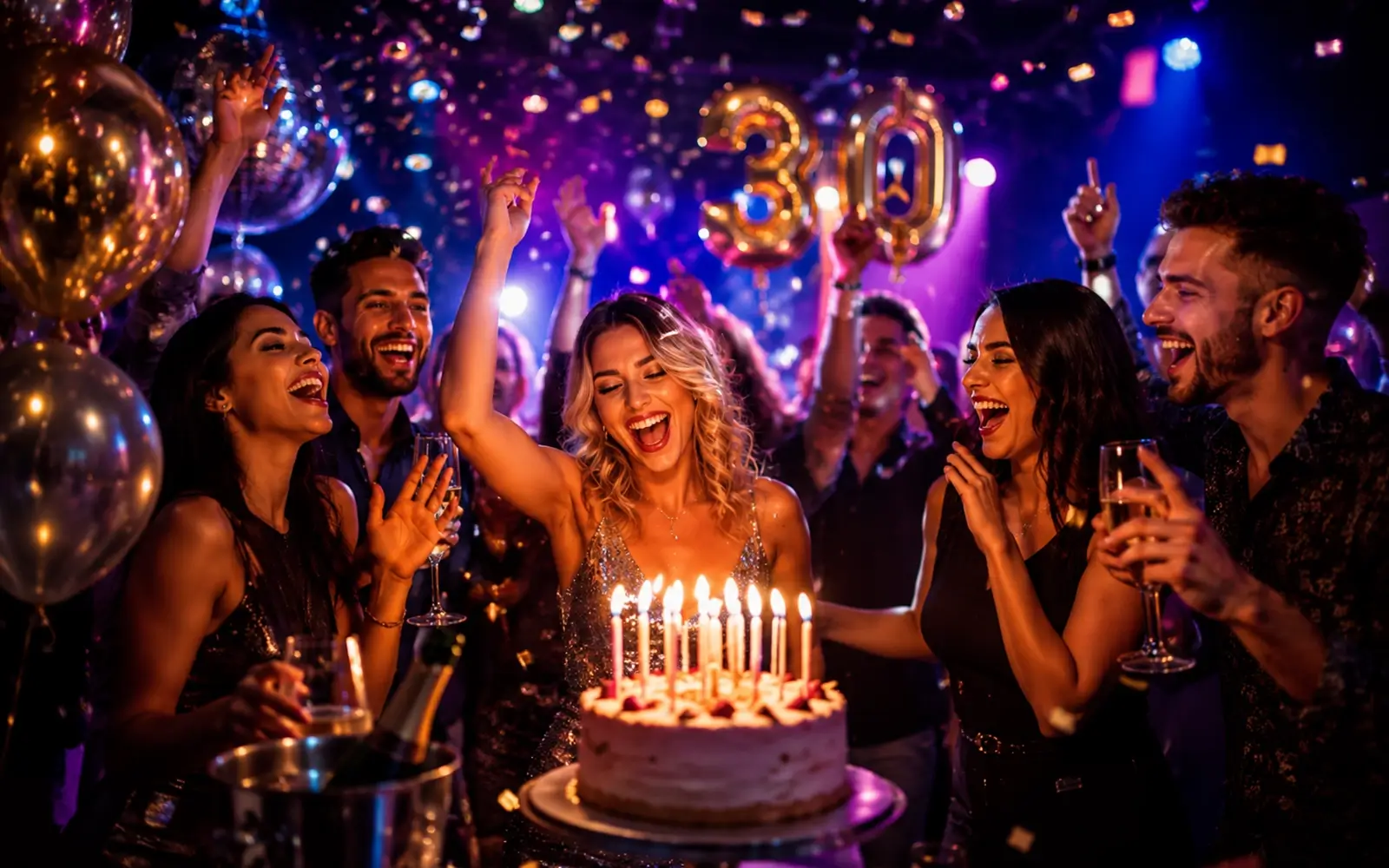 Friends celebrating a 30th birthday with cake, champagne and dancing at a lively birthday party.