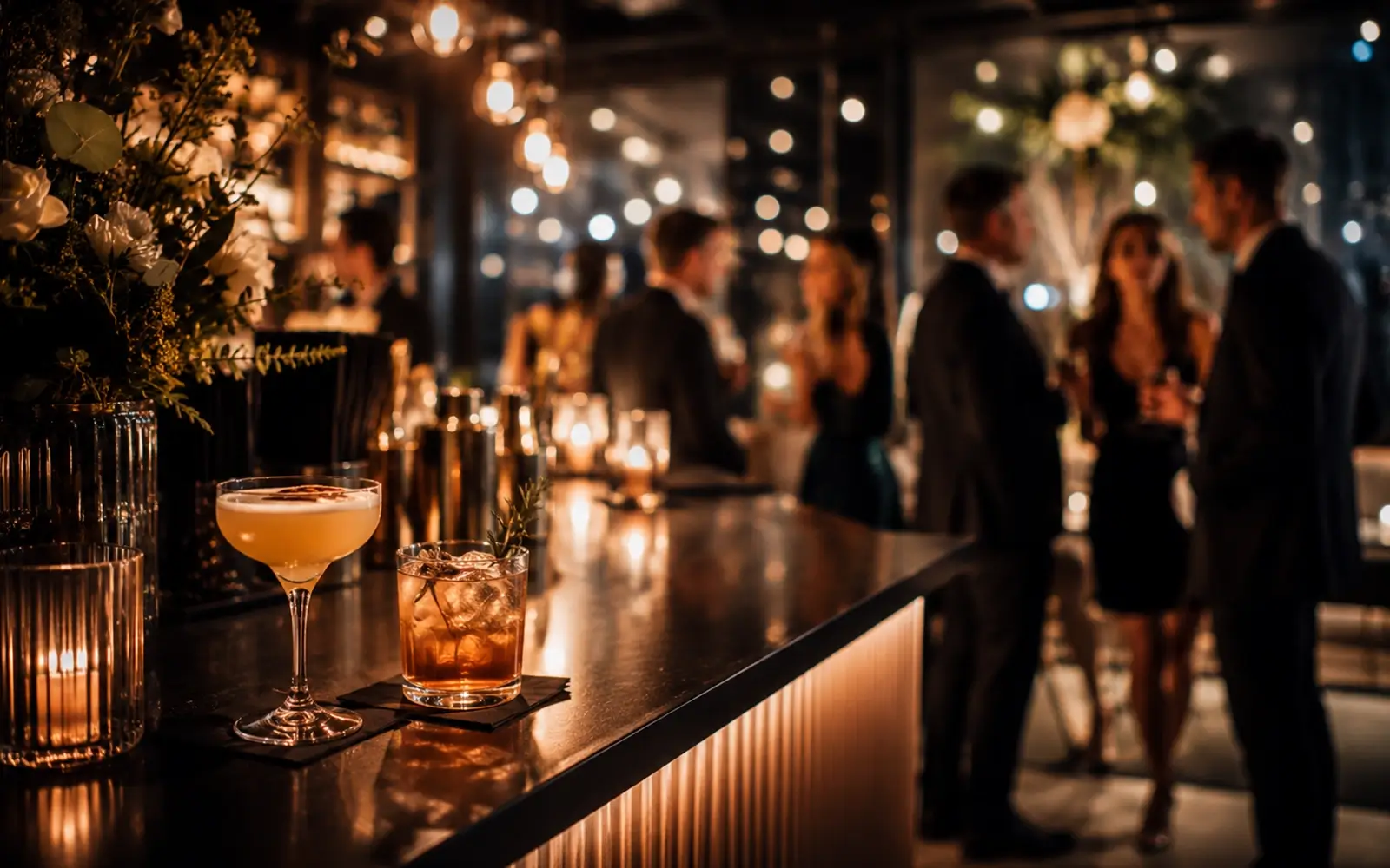  Guests enjoying cocktails and conversation during an elegant drinks reception before an evening event. 