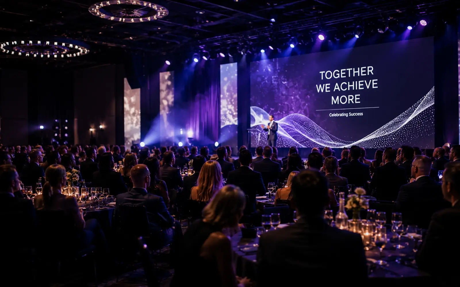 Corporate awards evening with guests watching a live presentation before entertainment and DJ music begins. 