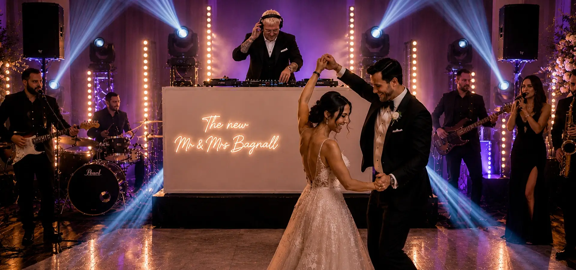 Bride and groom first dance with guests around them